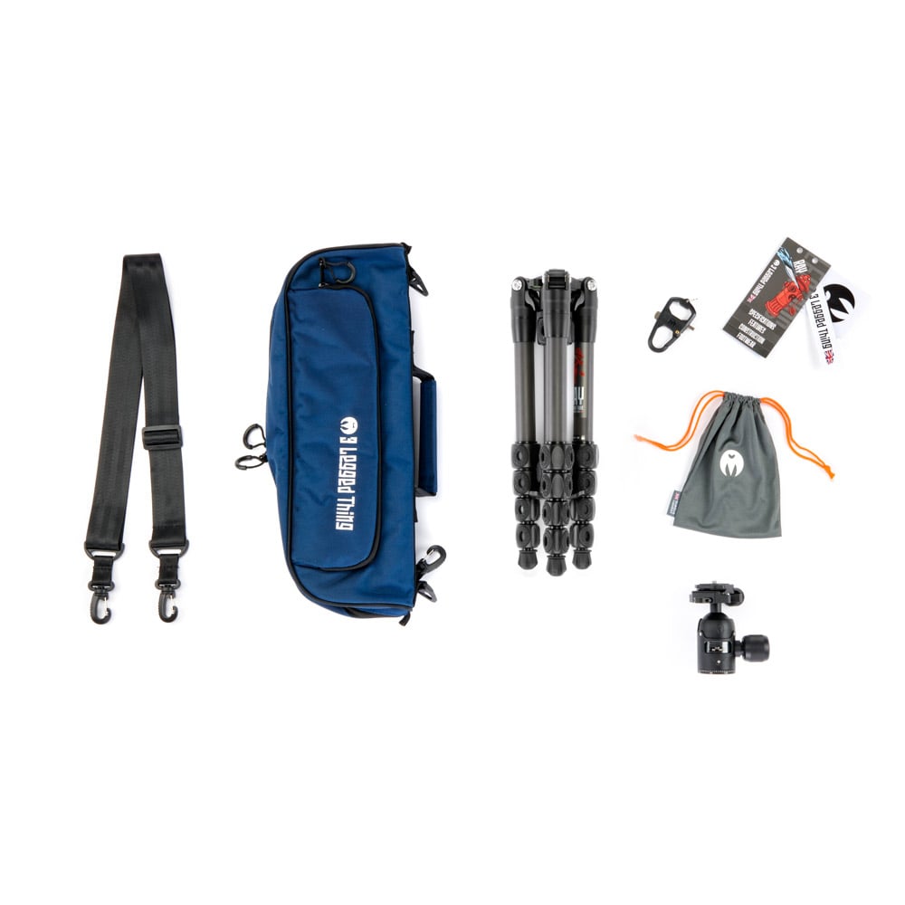 Collection of photography equipment including a blue bag, tripod, camera strap, and other accessories on a white background.