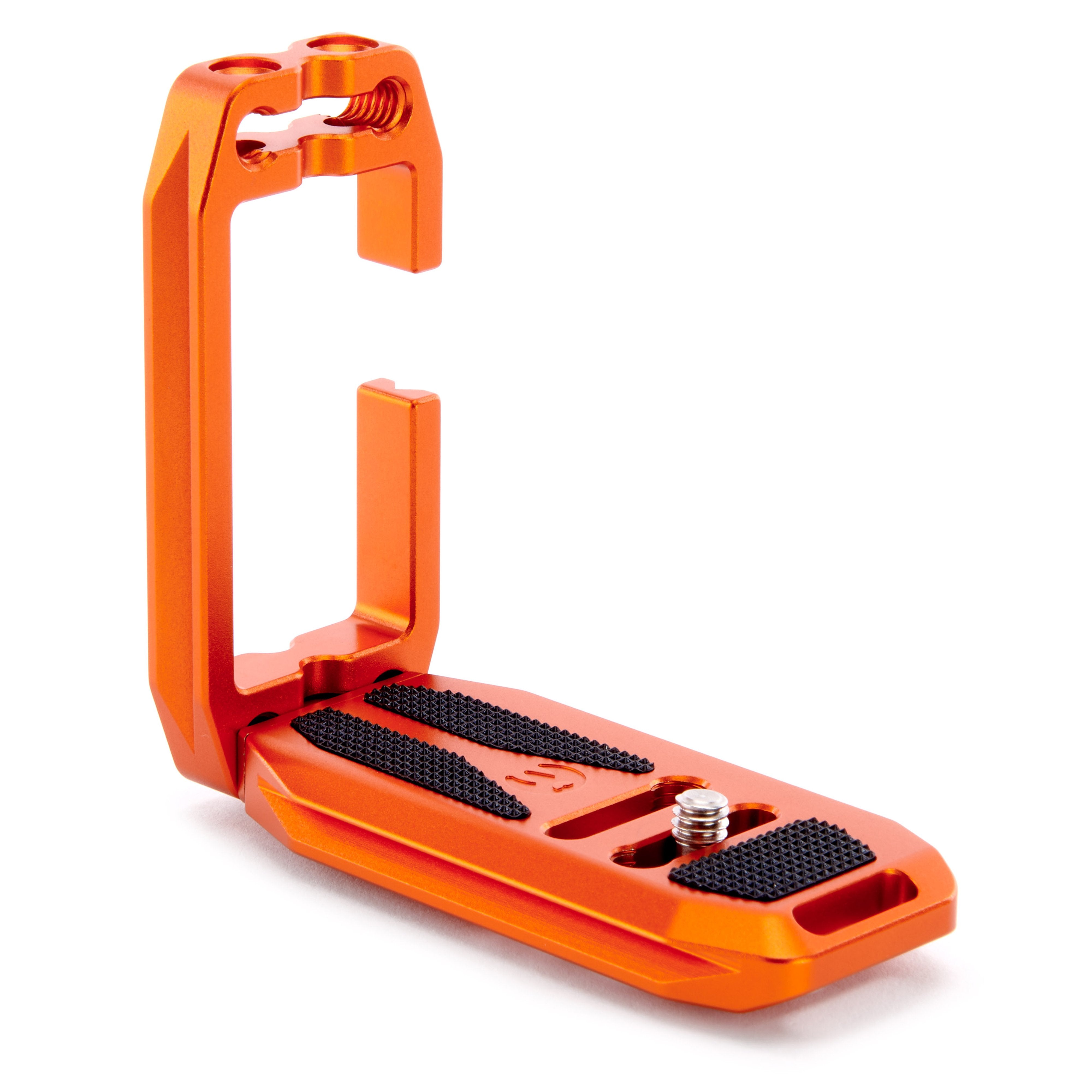 Orange metal clamp with black rubber pads on a white background