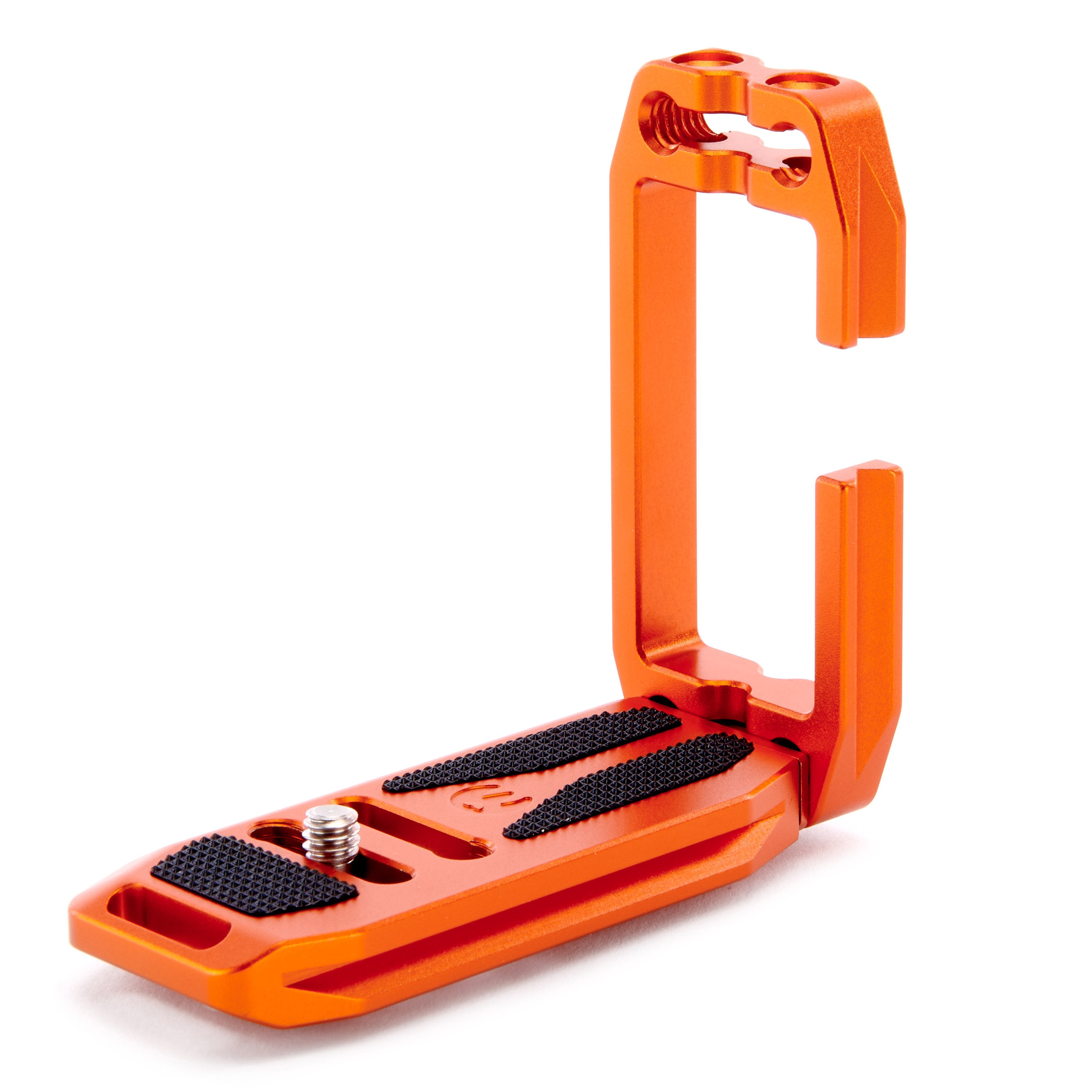 Orange metal bracket with black rubber pads on a white background