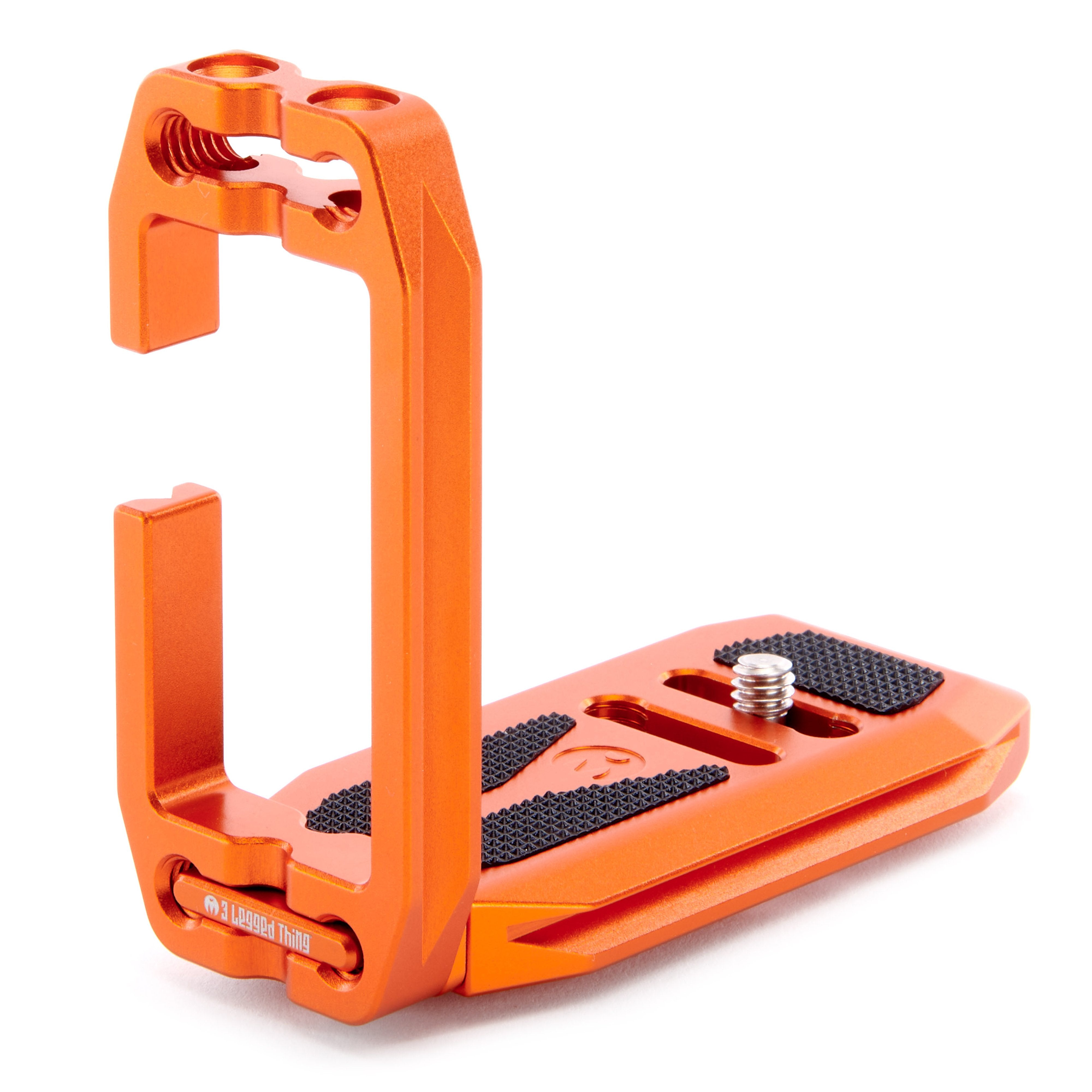 Orange metal clamp with black foot pads on a white background
