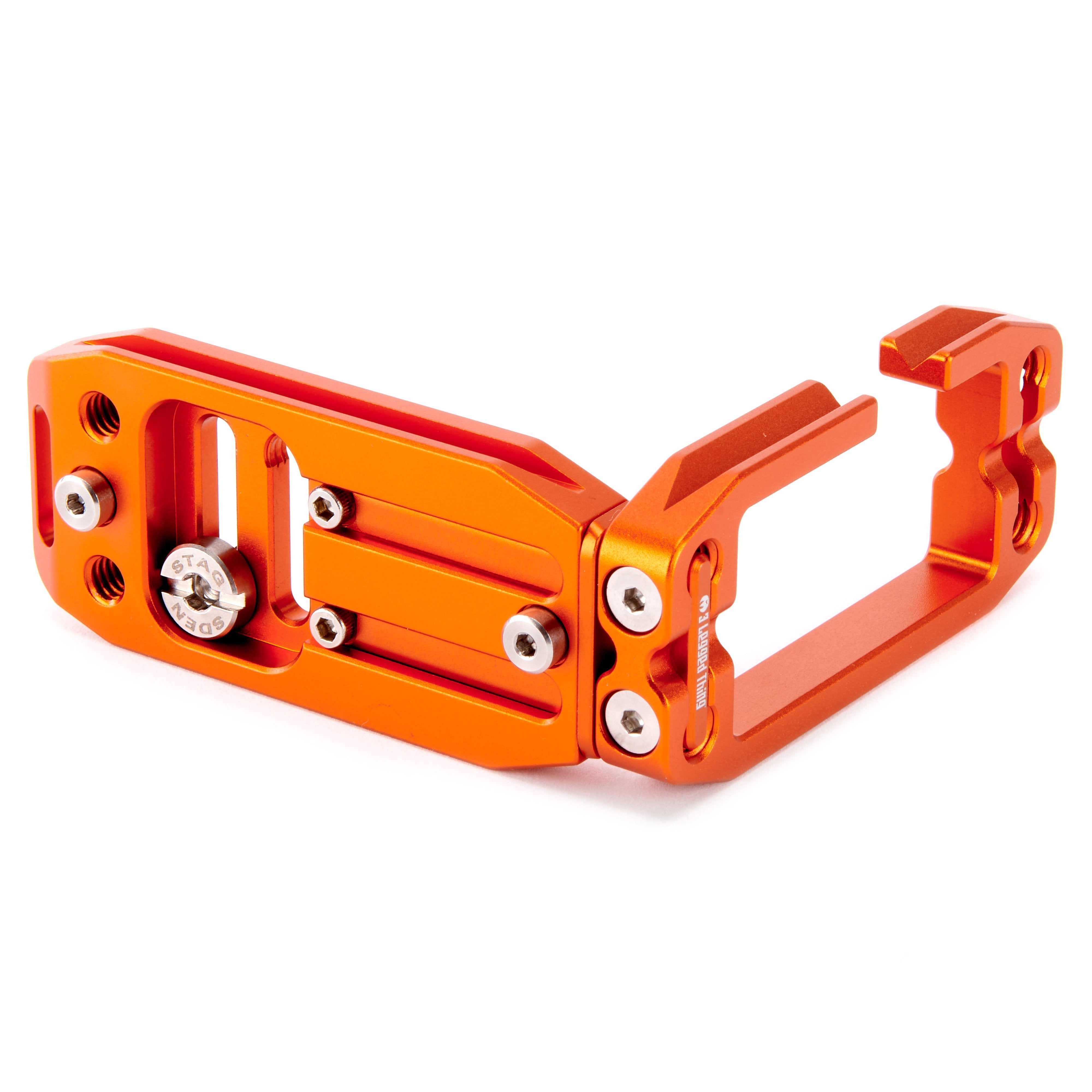 Orange metal bracket with screws on a white background