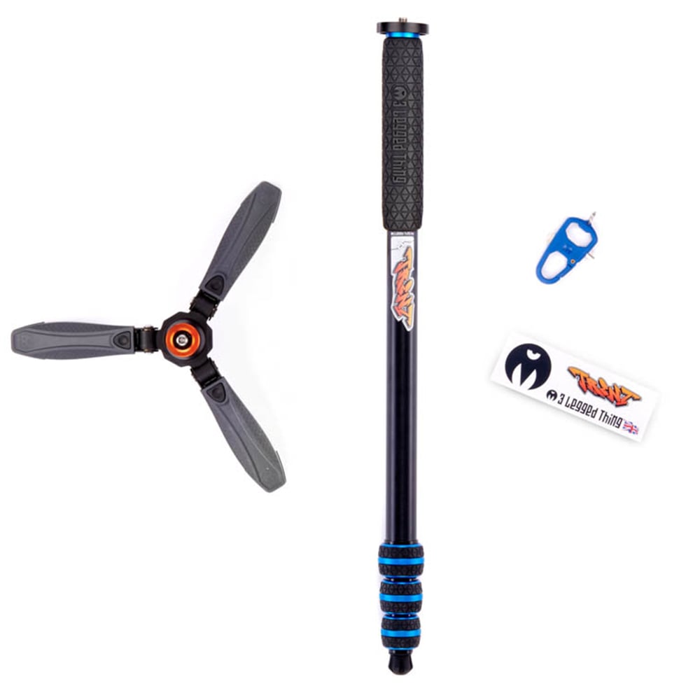Black and gray monopod with blue accents on a white background