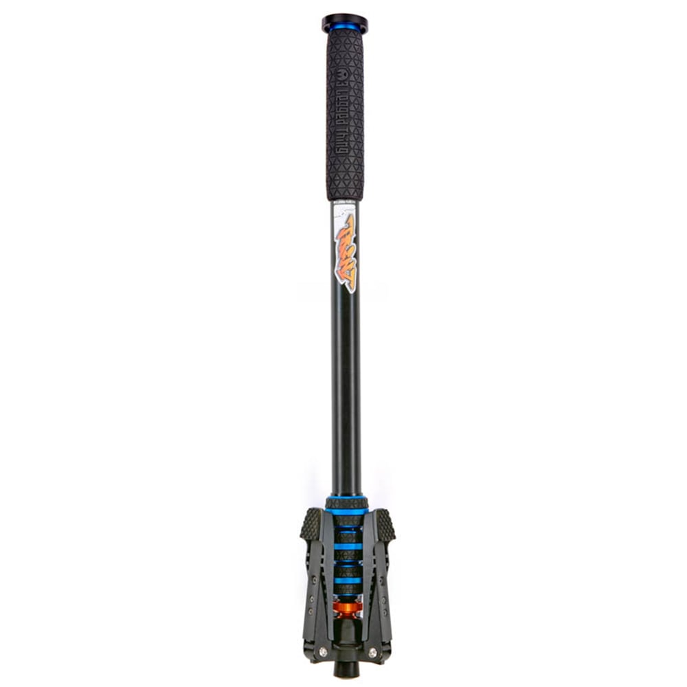 Black and blue adjustable monopod with folded feet and a brand logo on a white background