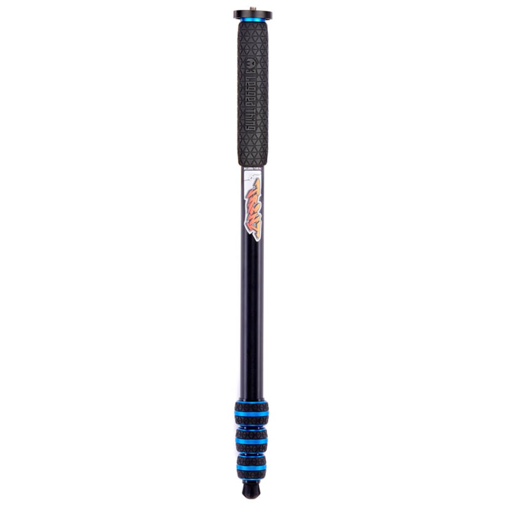 Black adjustable stick with blue accents on a white background