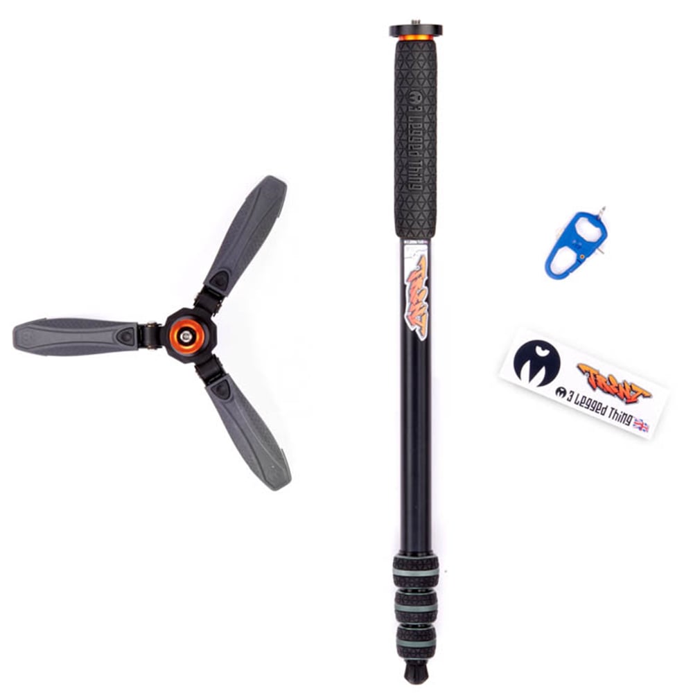 Black and grey foot piece and monopod with a blue tool and logos on a white background
