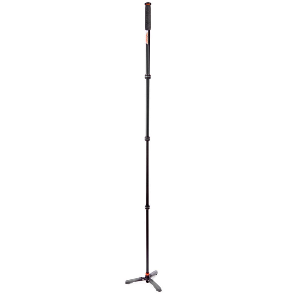 Black adjustable monopod with feet on a white background