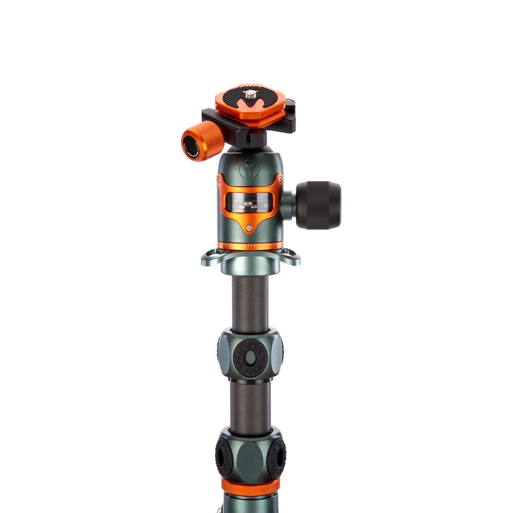 Camera tripod head with orange accents on a white background