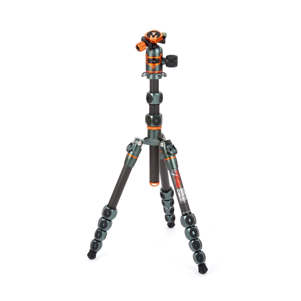 Camera tripod with orange accents on a white background