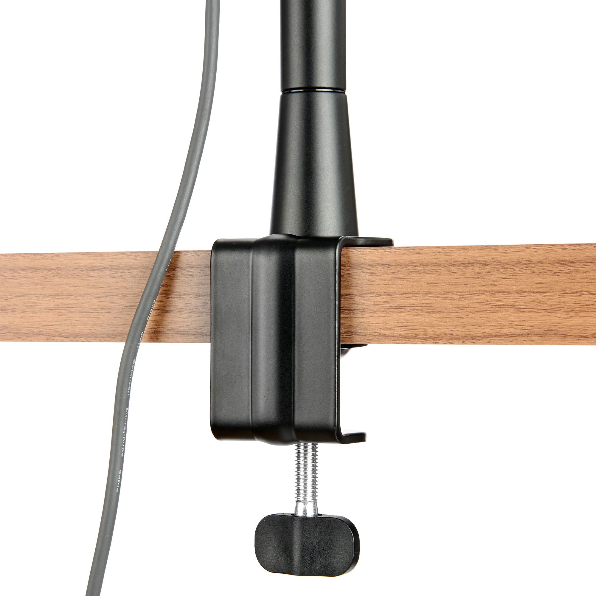The Microphone Arm is a versatile solution that features height adjustment, built-in cable management, and secure mounting for microphones up to 1 kg.