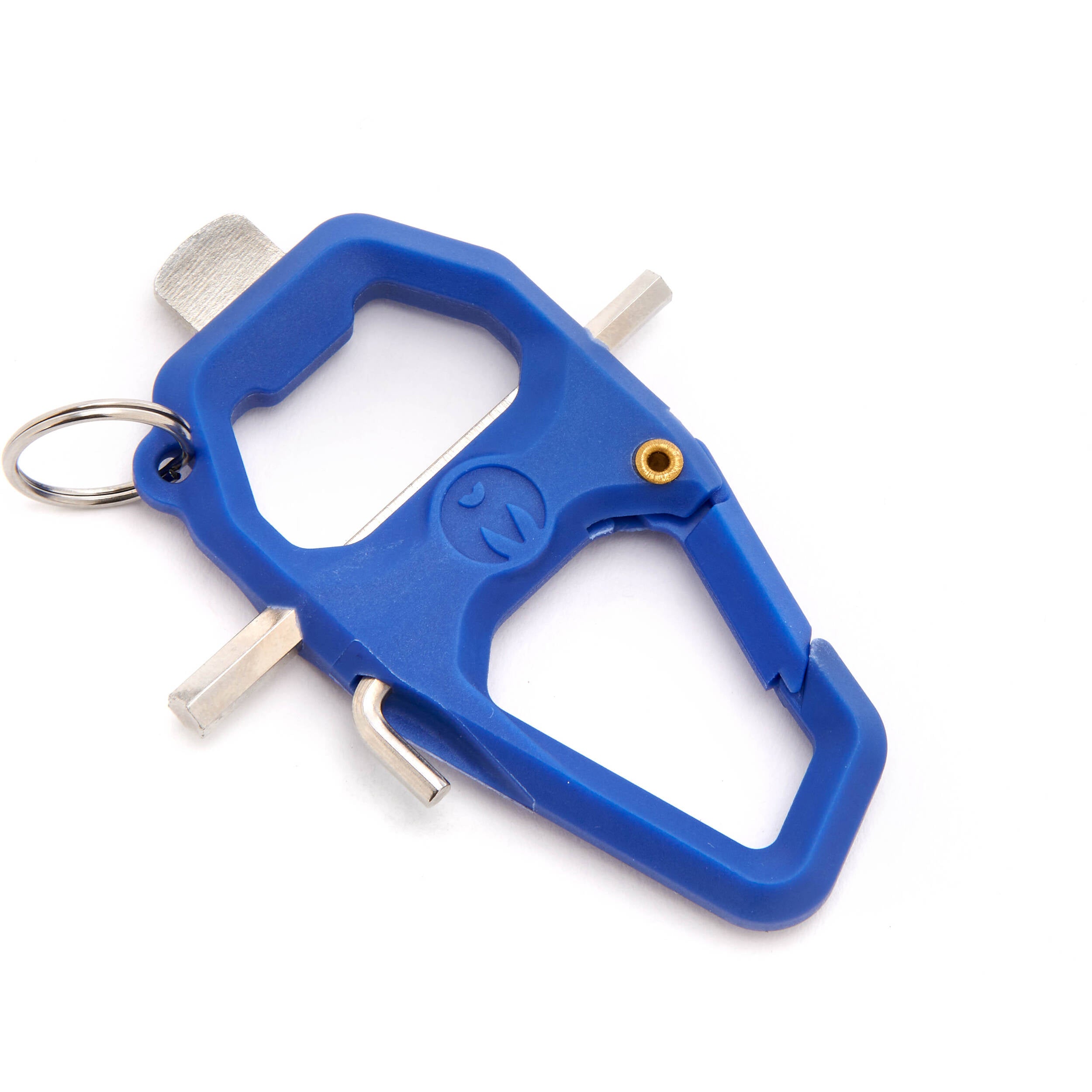 Blue multi-tool keychain with bottle opener on a white background
