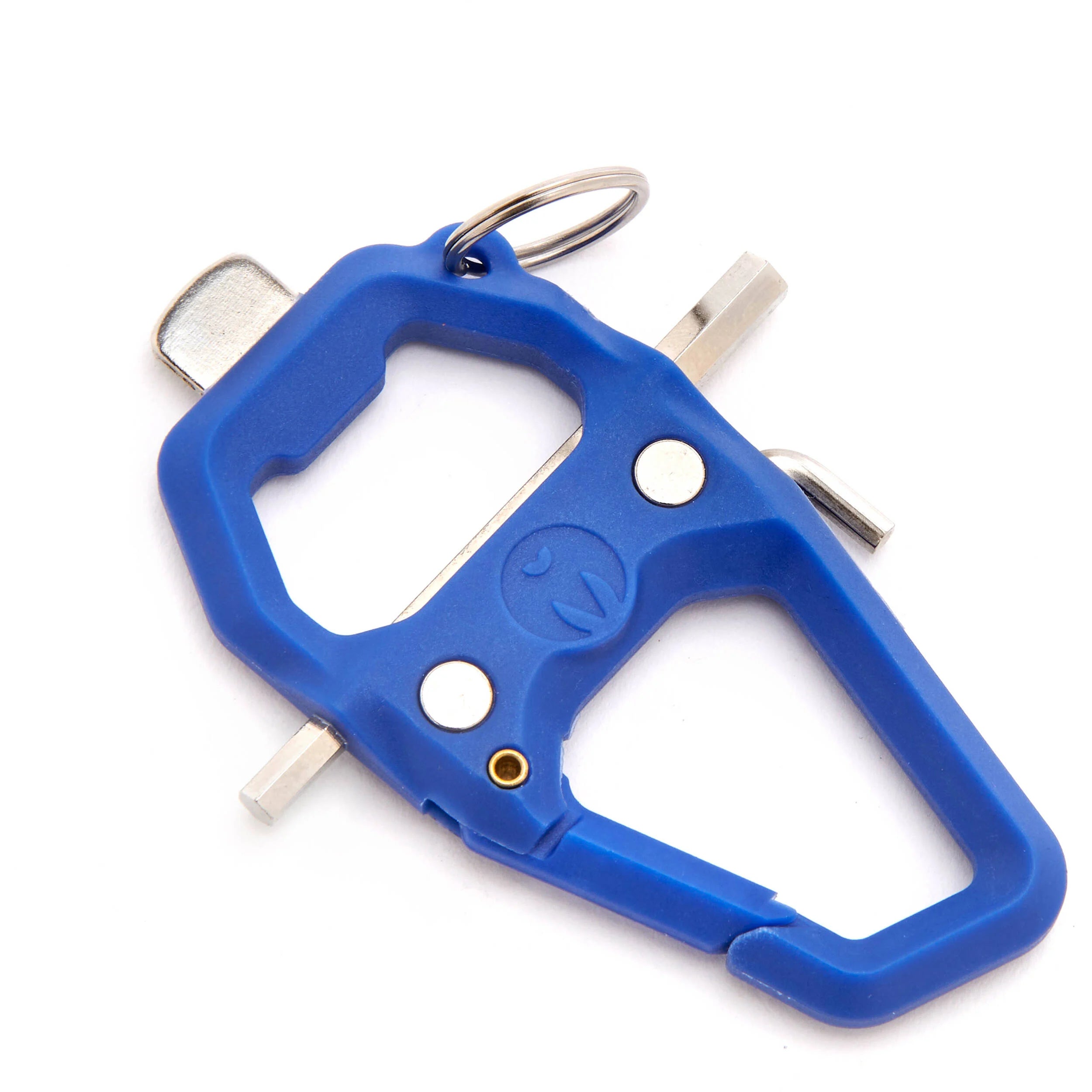 Blue multi-tool keychain with bottle opener on a white background