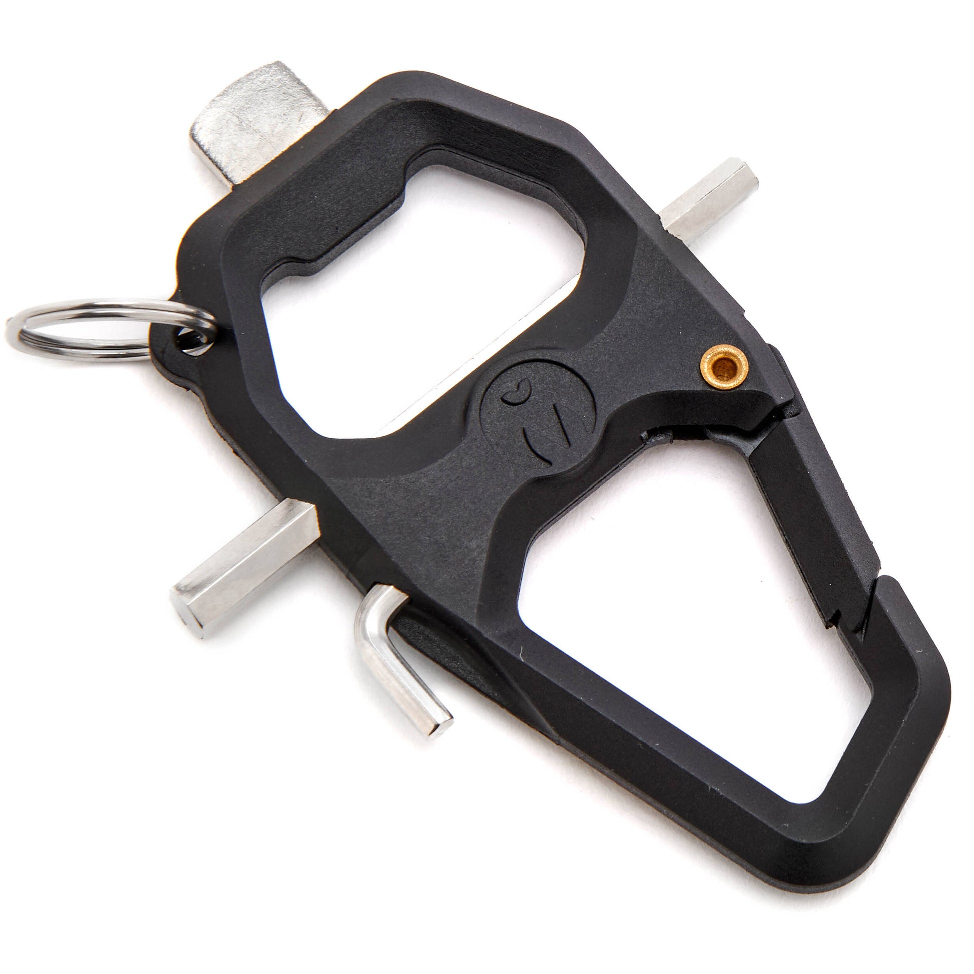 Black multi-tool keychain with bottle opener and other tools on a white background