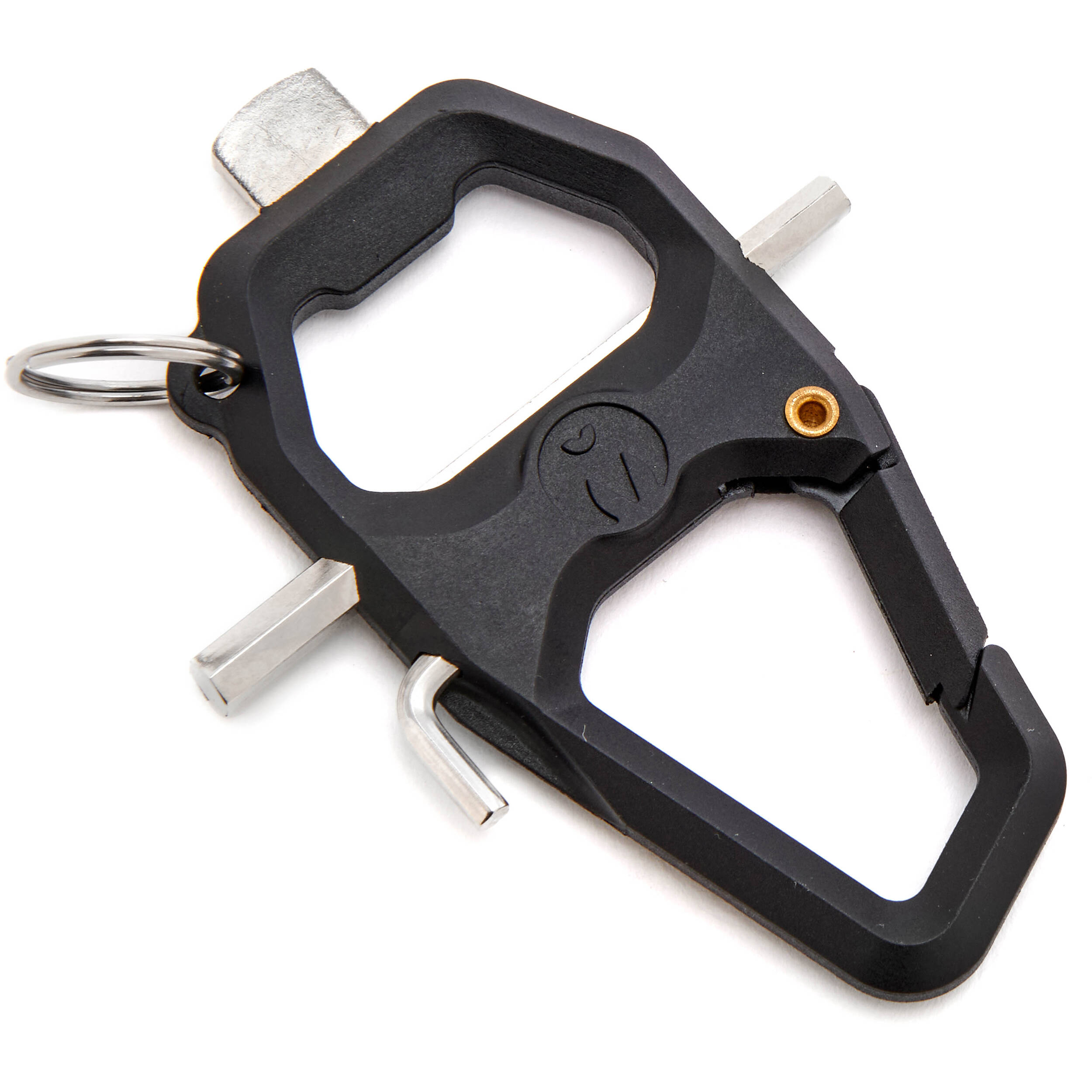 Black multi-tool keychain with bottle opener and other tools on a white background