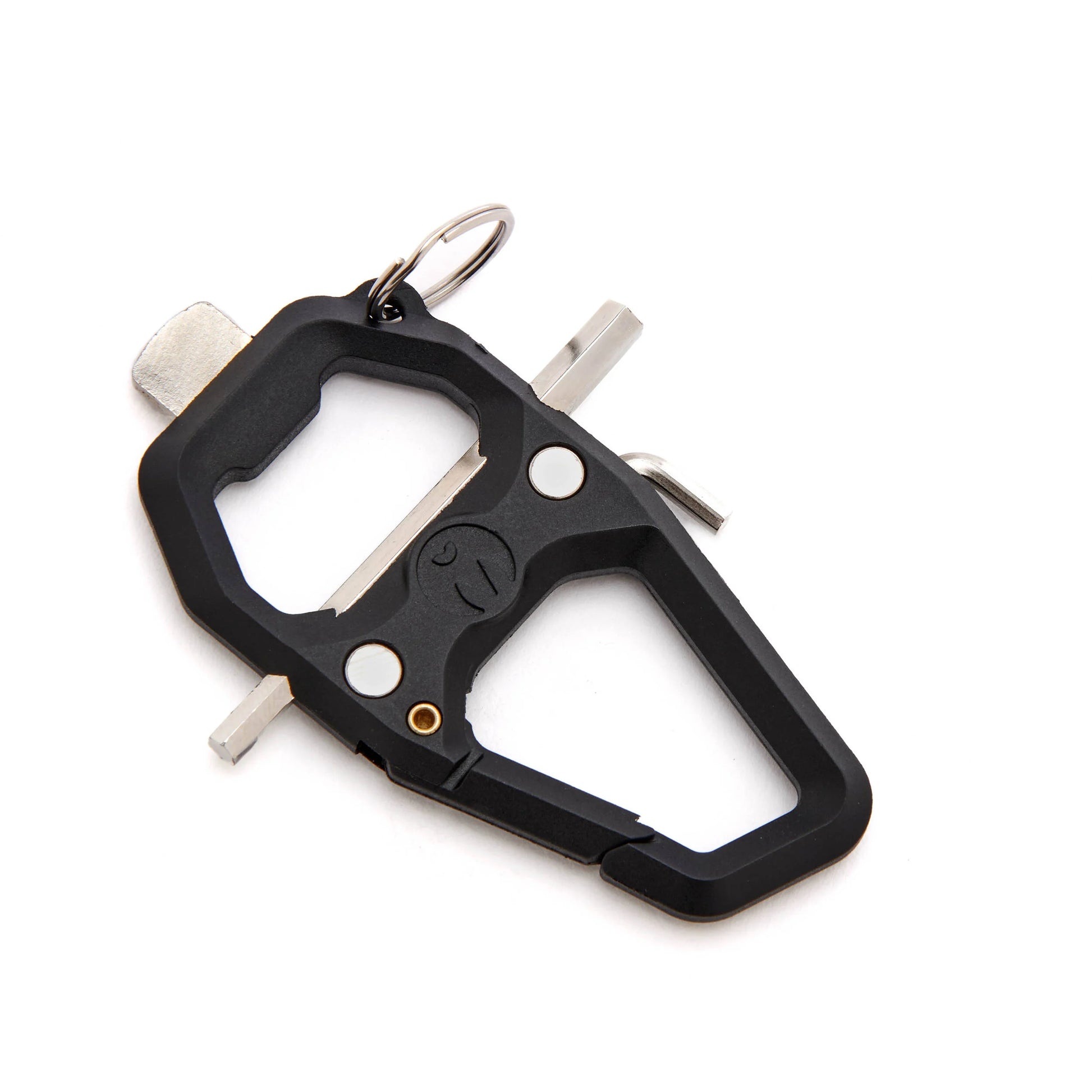 Multifunctional keychain tool with bottle opener on a white background
