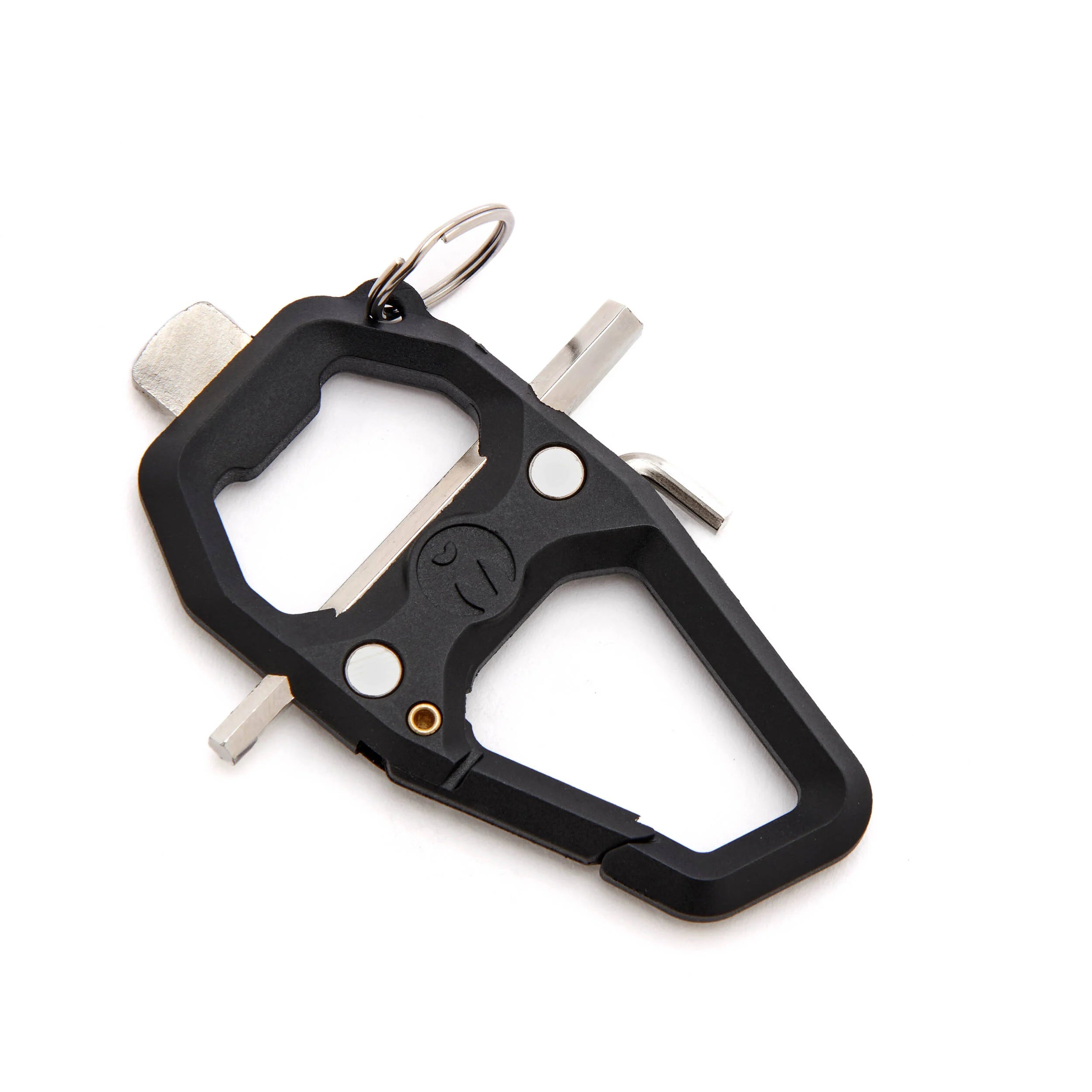 Multifunctional keychain tool with bottle opener on a white background