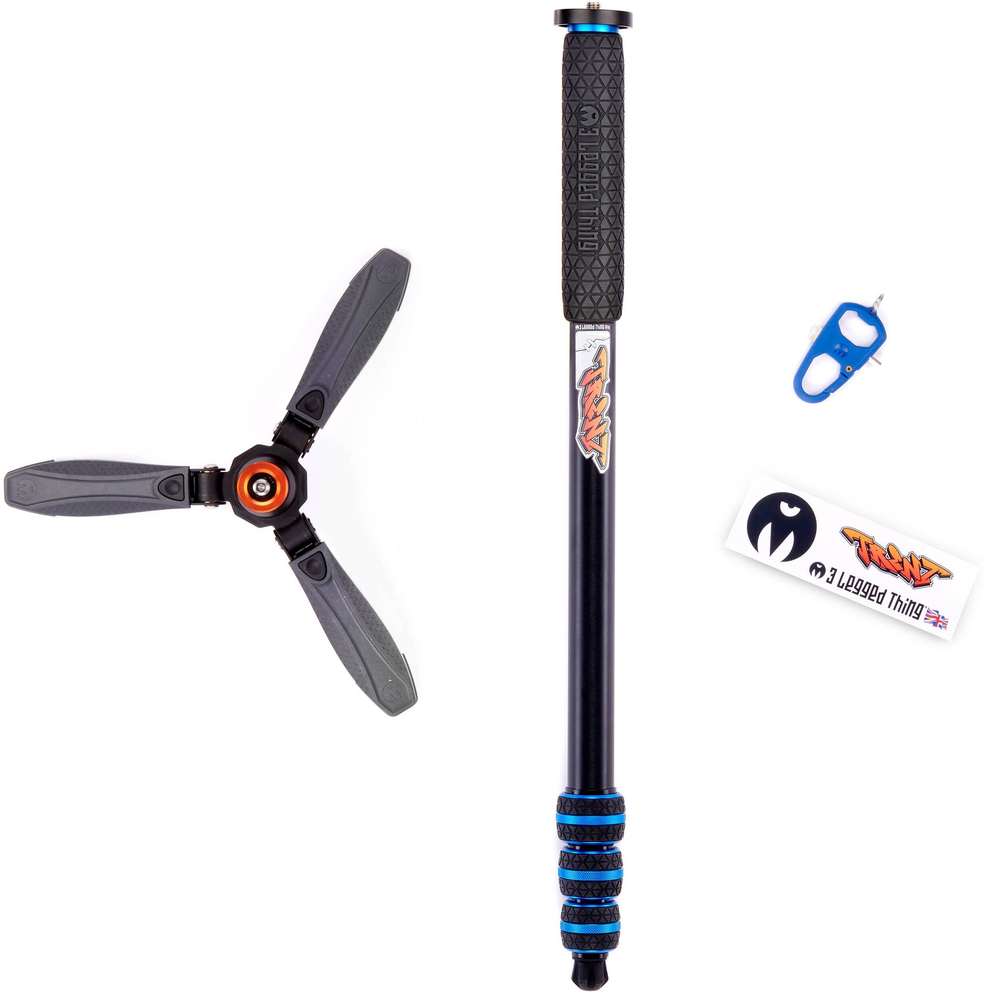 3 Legged Thing Trent Monopod Superkit in blue with interchangeable tripod footwear for professional stability.