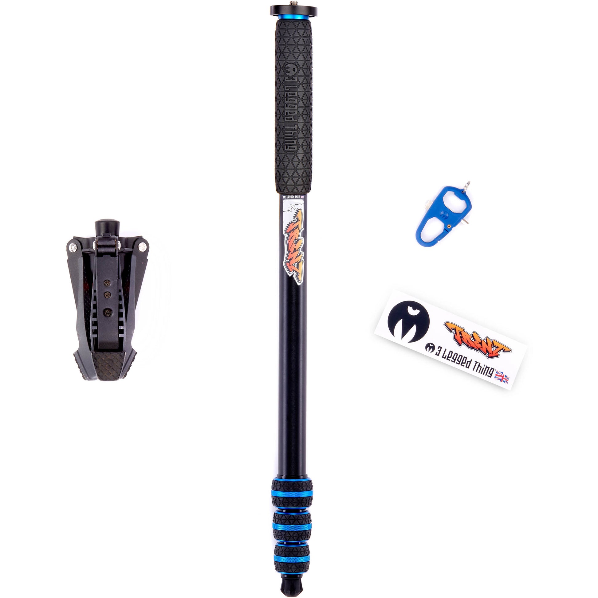 3 Legged Thing Trent Monopod Superkit in blue with interchangeable tripod footwear for professional stability.