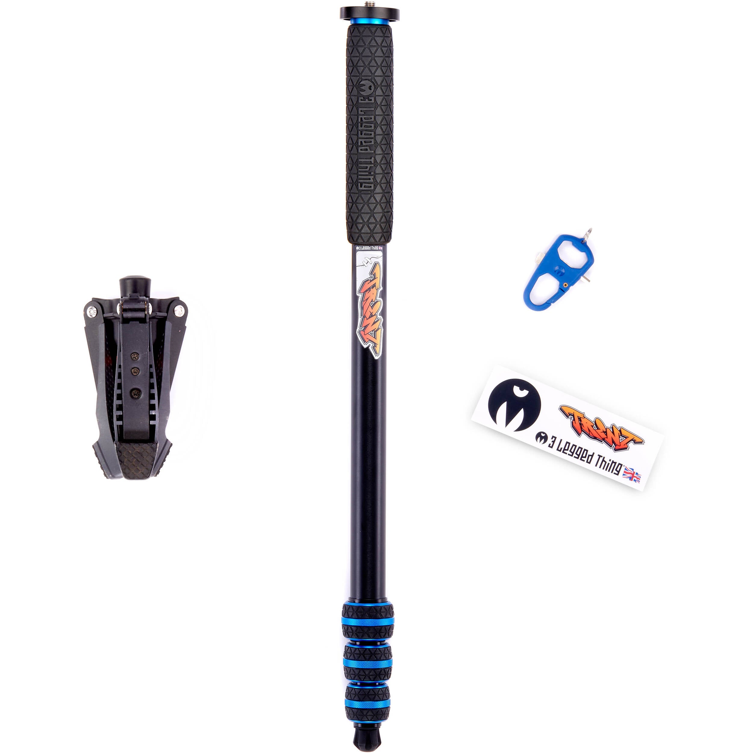 3 Legged Thing Trent Monopod Superkit in blue with interchangeable tripod footwear for professional stability.
