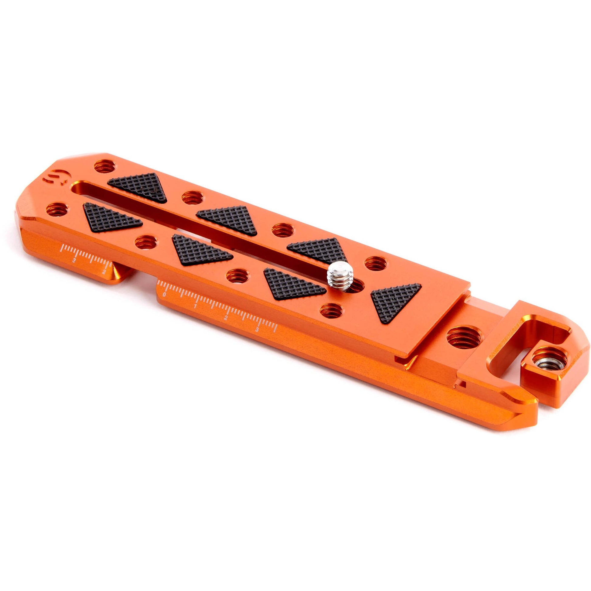 Orange metal bracket with black triangular patterns on a white background
