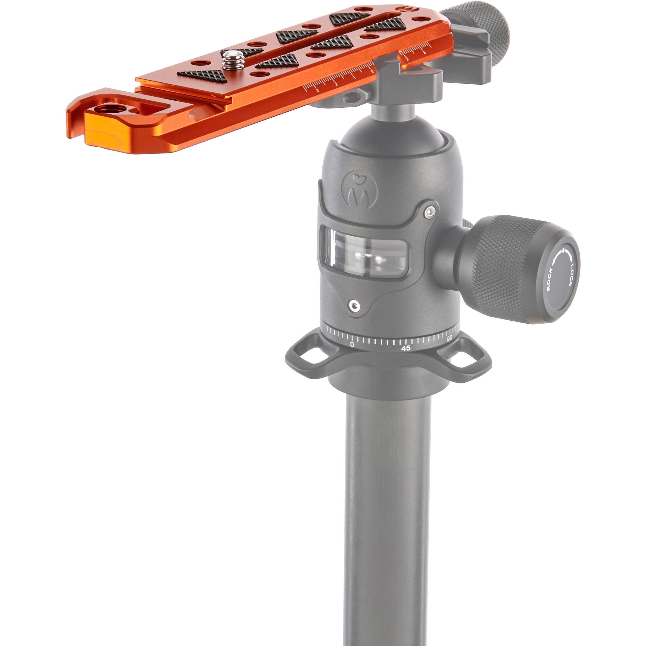 Camera tripod head with orange quick release plate on a white background