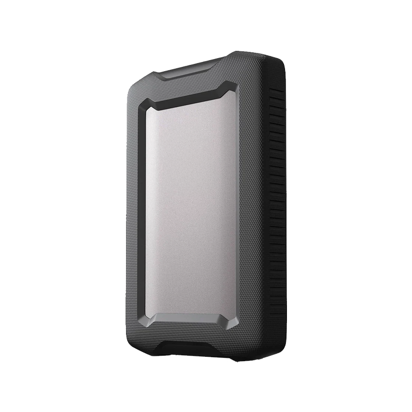 Rugged external hard drive with black and silver design on a white background
