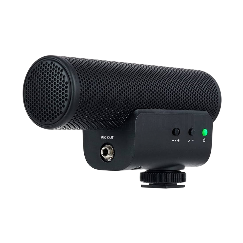 Black microphone with control panel on a white background
