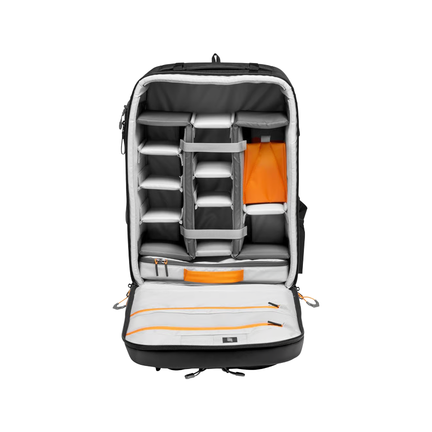 Camera backpack with compartments and orange accents on a white background
