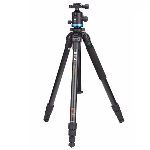 Benro iFoto IF28 aluminum travel tripod kit with 4‑section twist‑lock legs, Arca‑Swiss ball head and carry bag.