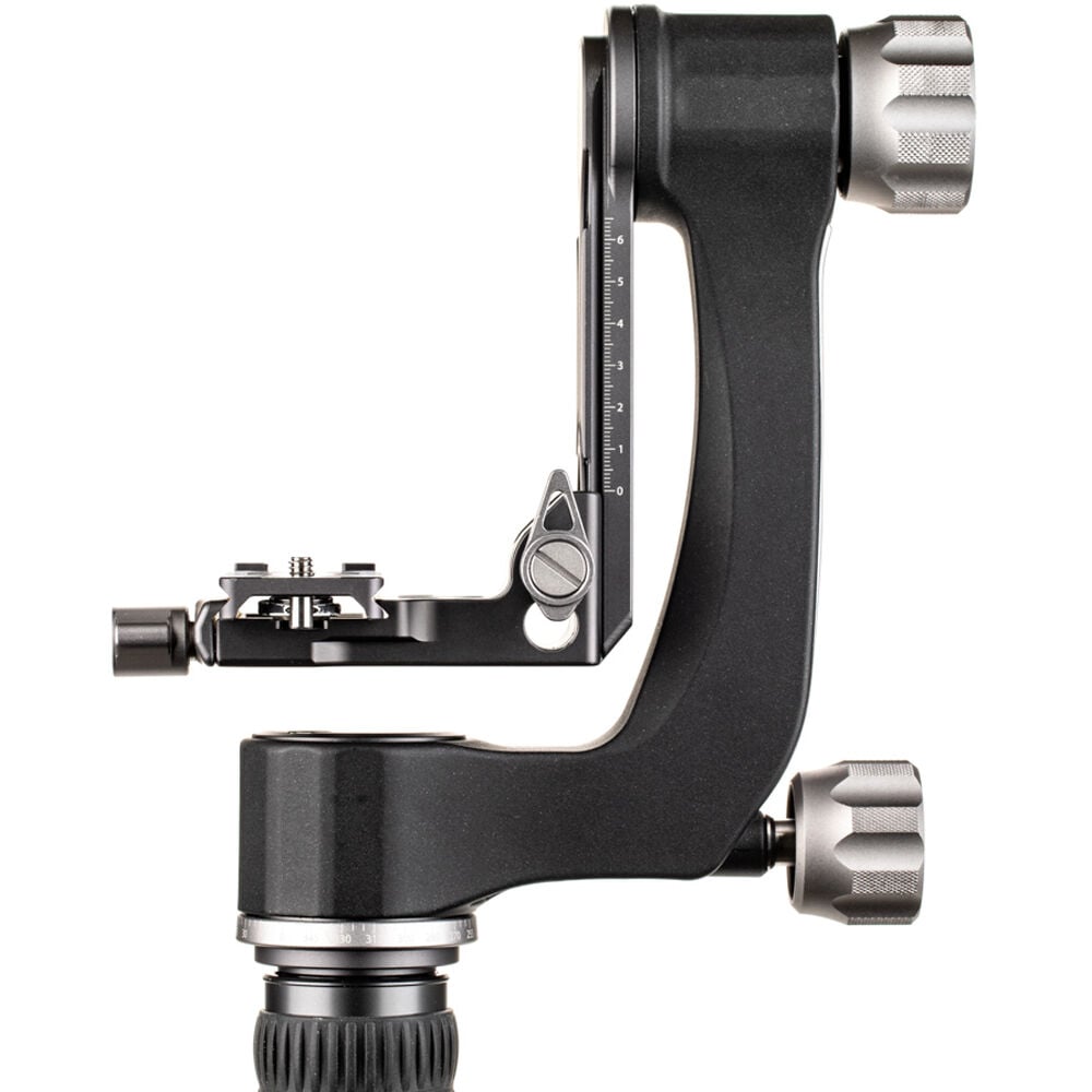 Benro GH2 aluminium gimbal head — matte‑black L‑shaped arm with Arca‑style quick‑release plate and pan/tilt control knobs.