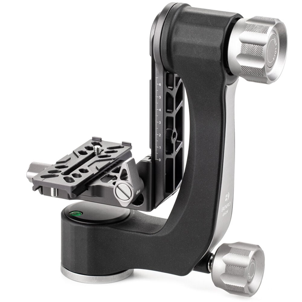 Benro GH2 aluminium gimbal head — matte‑black L‑shaped arm with Arca‑style quick‑release plate and pan/tilt control knobs.