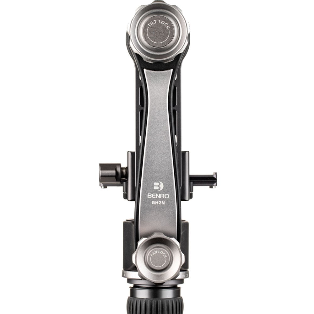 Benro GH2 aluminium gimbal head — matte‑black L‑shaped arm with Arca‑style quick‑release plate and pan/tilt control knobs.