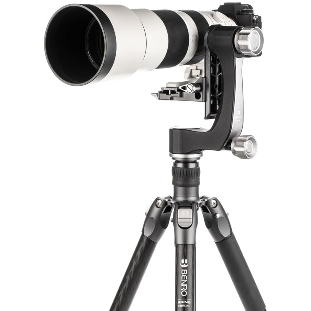 Benro GH2 aluminium gimbal head — matte‑black L‑shaped arm with Arca‑style quick‑release plate and pan/tilt control knobs.
