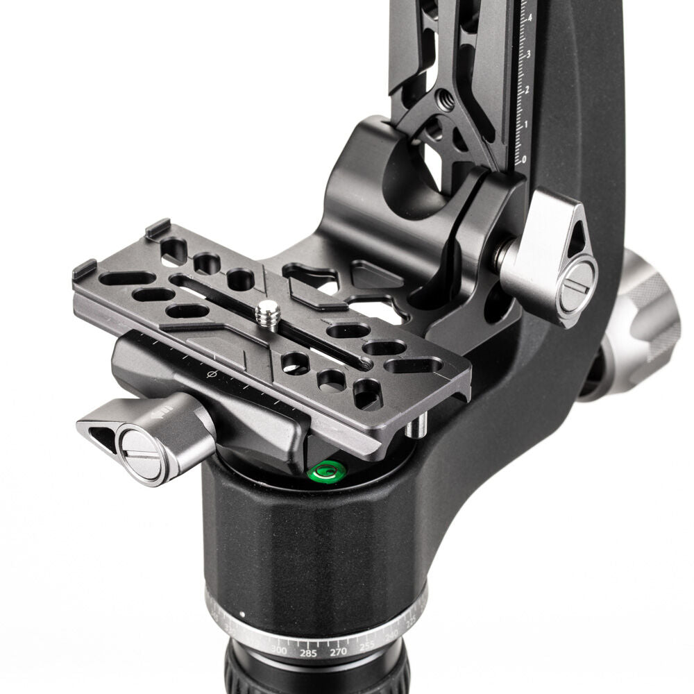 Benro GH2 aluminium gimbal head — matte‑black L‑shaped arm with Arca‑style quick‑release plate and pan/tilt control knobs.