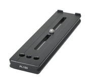 Benro PL‑150 Arca‑Swiss quick‑release plate in black aluminum (150 × 38 × 12 mm) with ¼″–20 screw and anti‑twist surface.