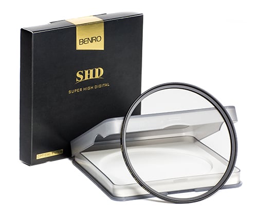Benro SHD lens filter with packaging on a white background