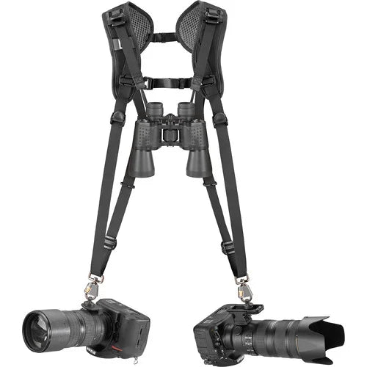 Be ready for action with the Double Breathe Harness that lets you rest two cameras upside-down along your hips in style.