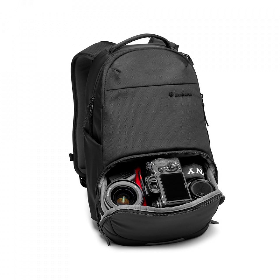 Manfrotto Advanced Active Backpack III for camera, lenses, 14" laptop, with padded protection and water-resistant design.