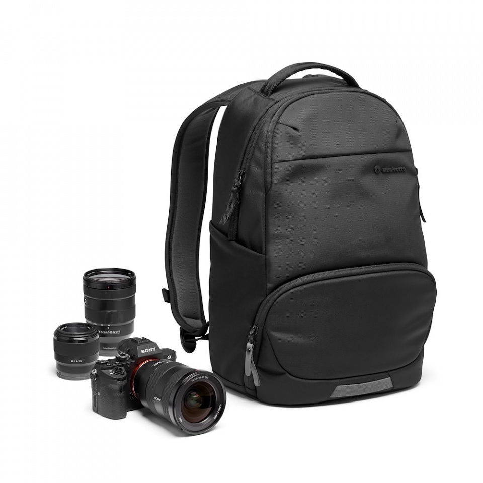 Manfrotto Advanced Active Backpack III for camera, lenses, 14" laptop, with padded protection and water-resistant design.