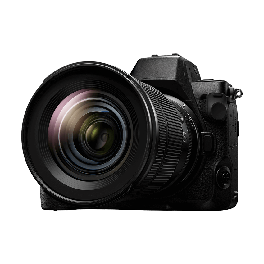 Black camera with large lens on a white background