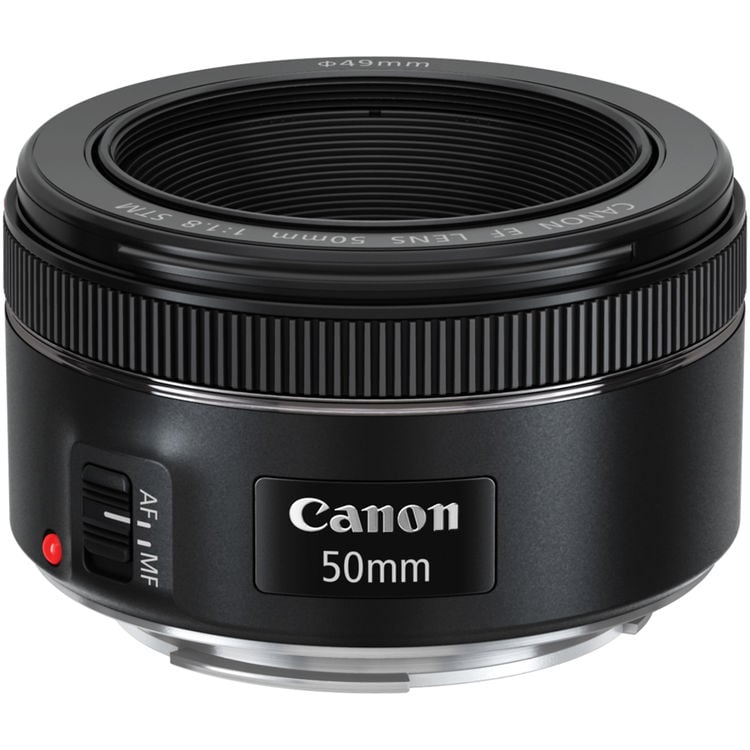 Canon 50mm camera lens on a white background