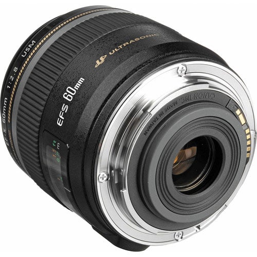Camera lens with 'EF-S 60mm' marking on a white background