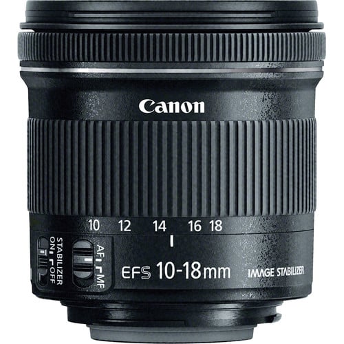 Canon EF-S 10-18mm f/4.5-5.6 IS STM wide-angle zoom lens – lightweight and versatile, perfect for landscapes and vlogging on APS-C DSLRs.