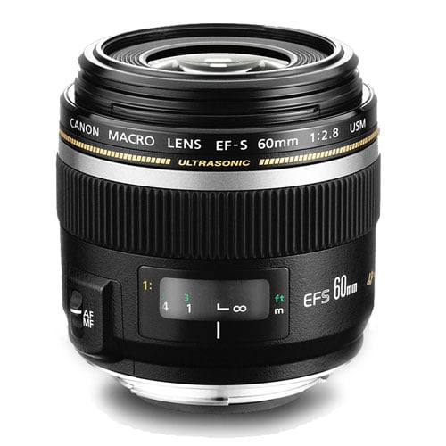 Canon EF-S 60mm macro lens on a white background