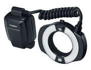 Canon ring light with black housing and coiled cable on a white background