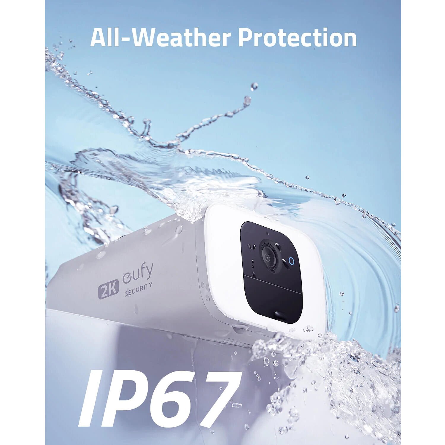 Eufy security camera with water splashing around it, labeled 'All-Weather Protection' and 'IP67'.