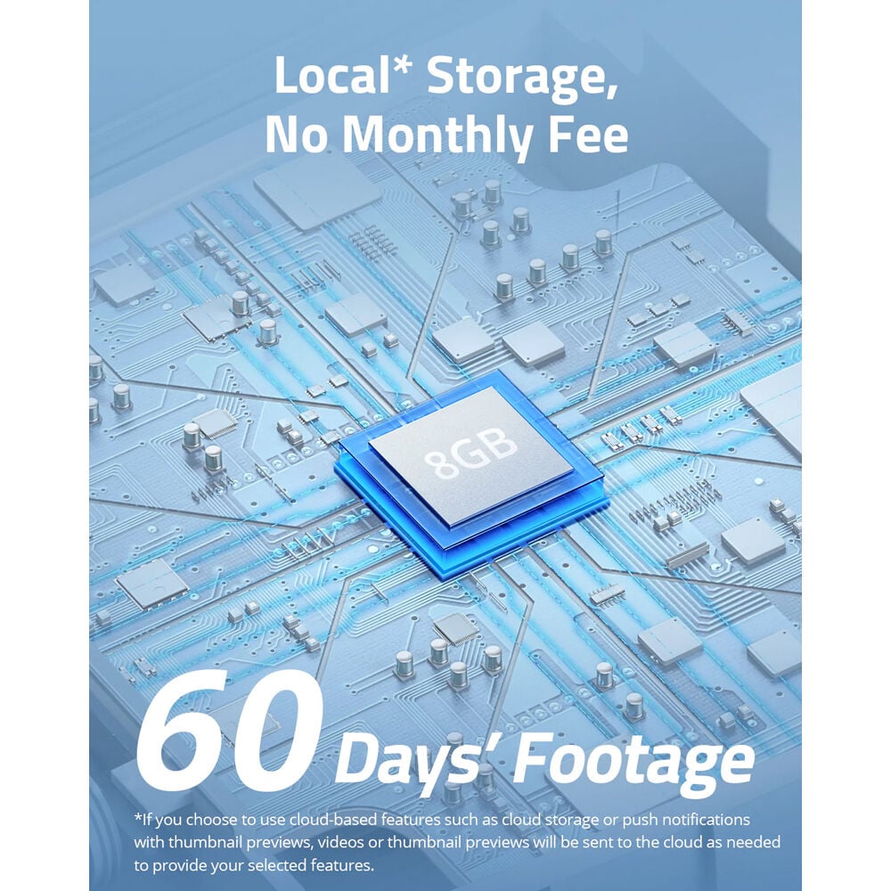 Electronic circuit board with a 8GB chip and promotional text about local storage and no monthly fee.