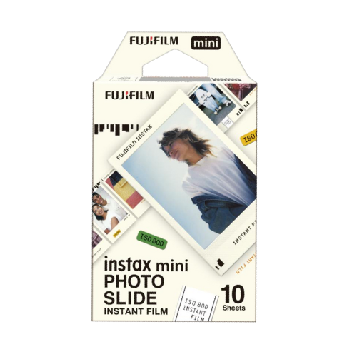 Fujifilm Instax Mini photo slide instant film packaging with images on a white background