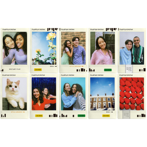 Grid of instant film photo frames with various images and text