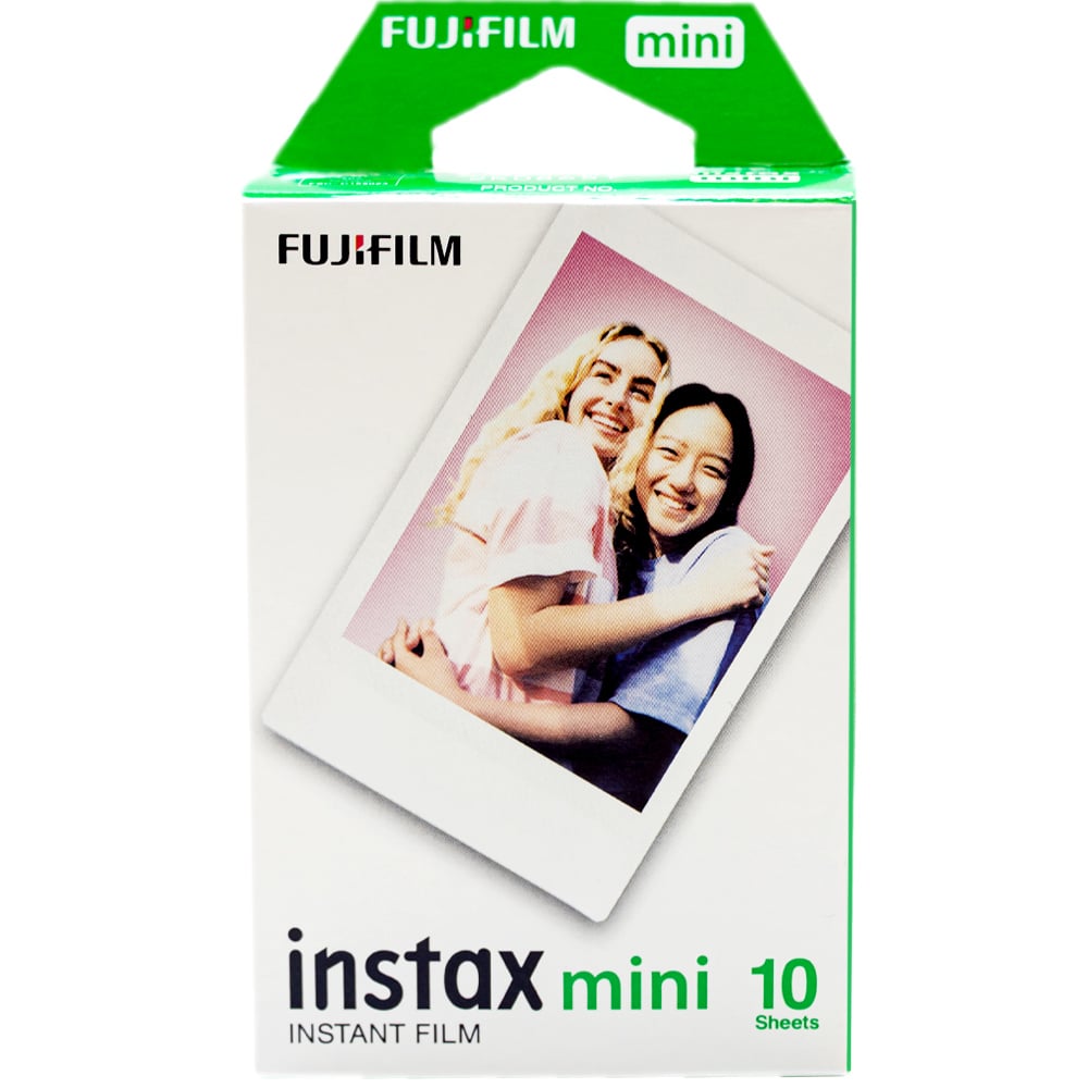 Packaging of Fujifilm Instax Mini instant film with a photo of two people on it.