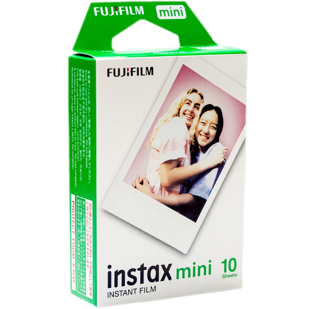 Fujifilm Instax Mini instant film packaging with a photo of two people on a white background